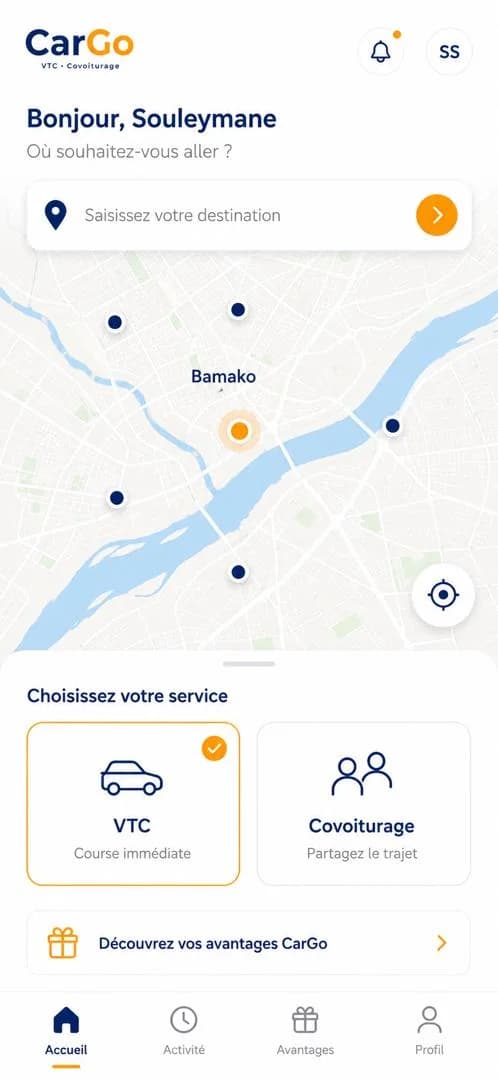 Écran d’accueil de l’application CarGo