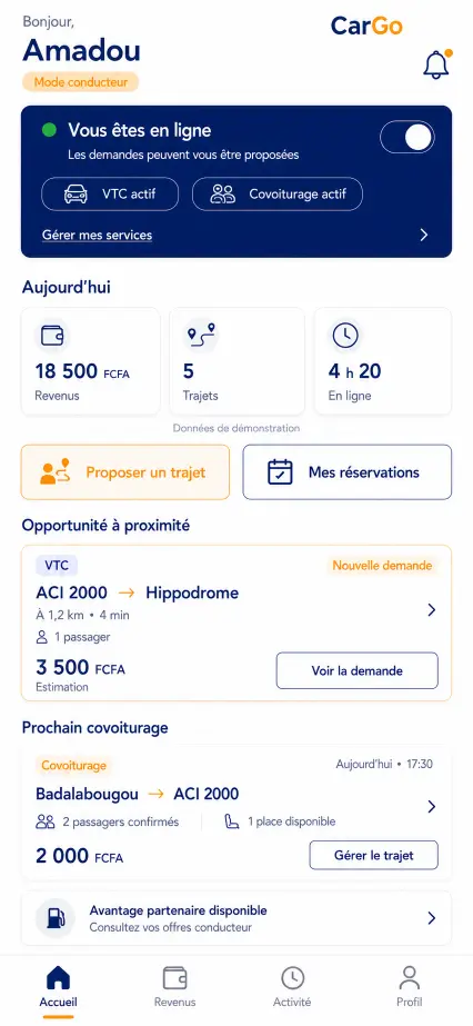 Tableau de bord chauffeur dans l’application CarGo