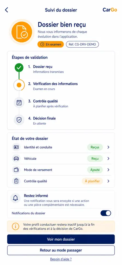 Suivi du dossier chauffeur dans l’application CarGo