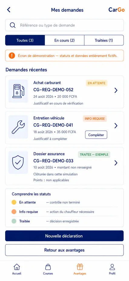 Liste de demandes et de statuts dans l’application CarGo