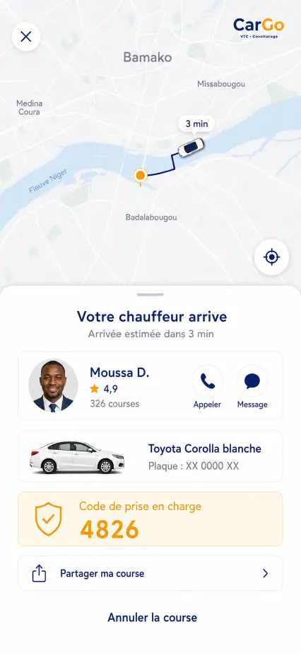 Écran CarGo présentant le chauffeur attribué