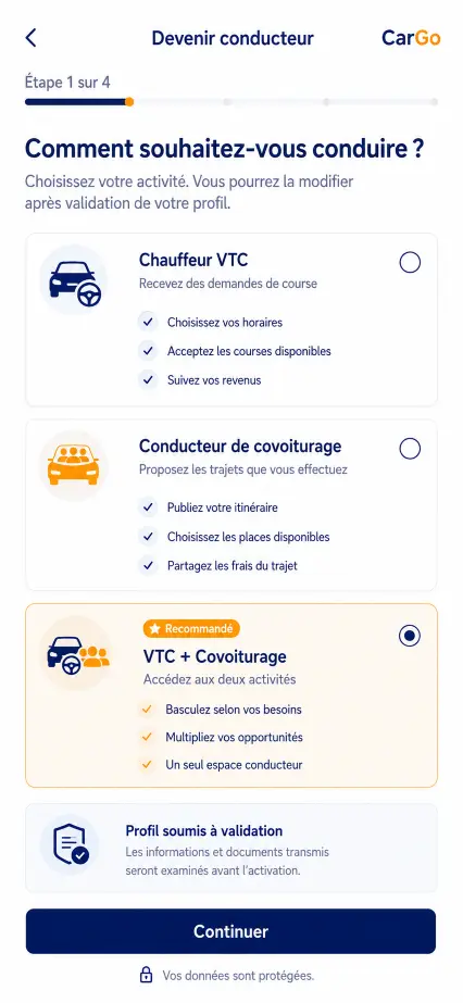 Choix du profil chauffeur dans CarGo