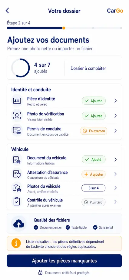 Liste des documents du dossier chauffeur CarGo